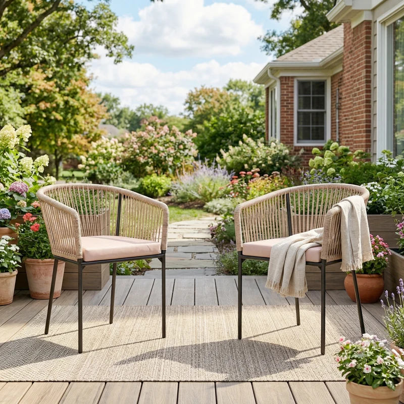 Outsunny Garden Chairs Set of 2, Rattan Garden Dining Chairs with String Back Armrests, Cushions, Natural Wood Finish