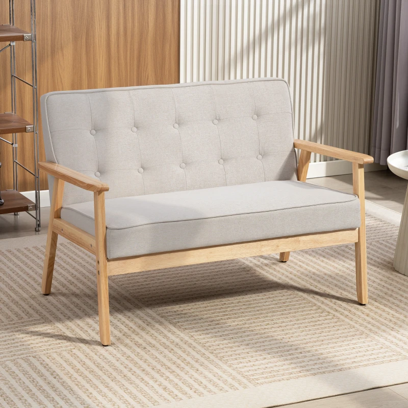 HOMCOM Sofá de 2 Plazas Tapizado en Lino Sintético Sofá Nórdico con Patas y Reposabrazos de Madera 113x67x78 cm Beige