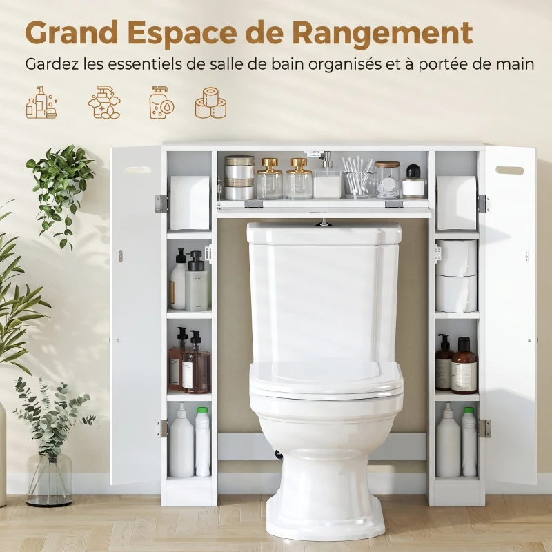HOMCOM Meuble WC dessus de toilette avec 2 placards, tiroir basculant, porte-papier et étagères réglables, blanc