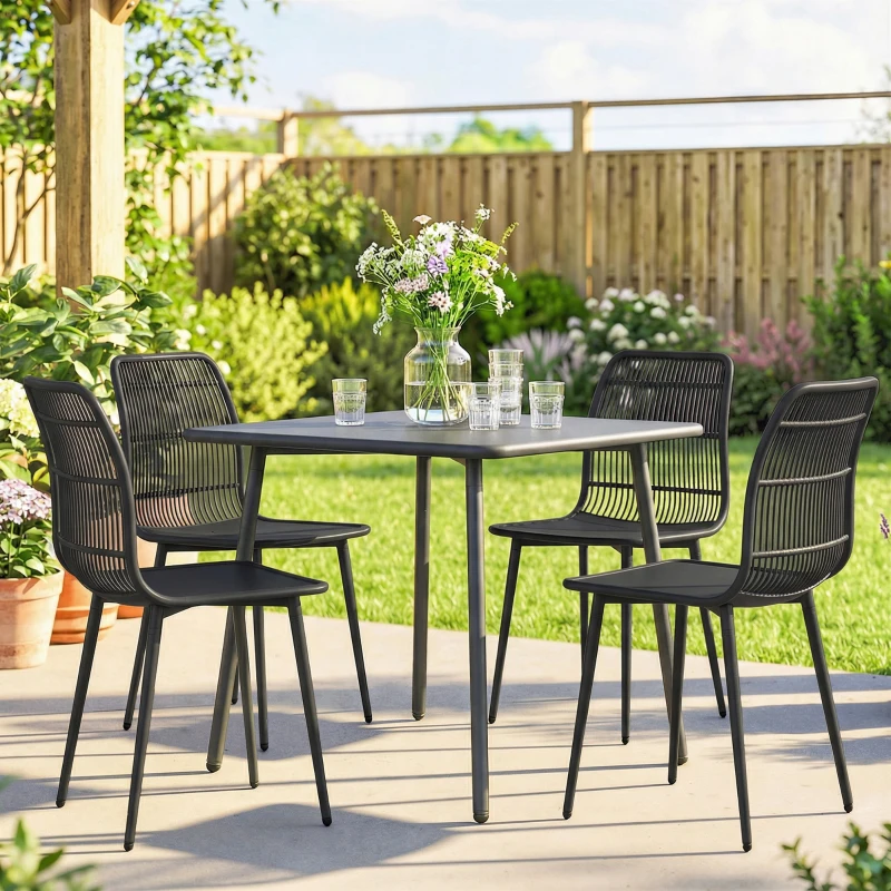 Outsunny Scaune de Dining pentru Exterior Set de 4, Scaune de Grădină cu Spatar Fisurat, Negru
