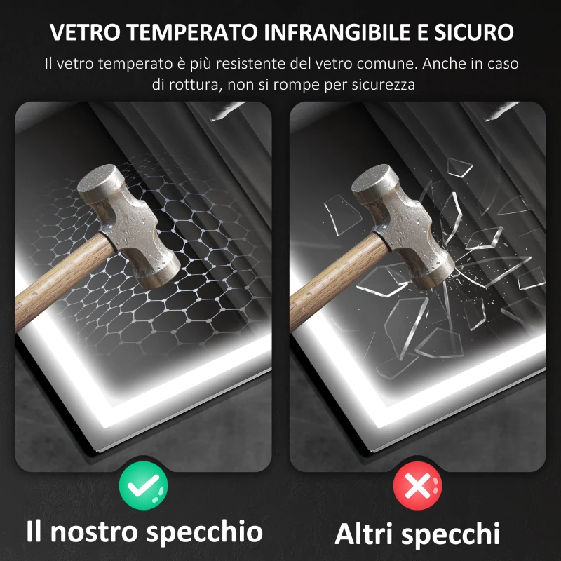 HOMCOM Specchio Bagno Antiappannante con Luce LED Regolabile, Speaker Bluetooth, Pulsanti Touch, 80x100 cm