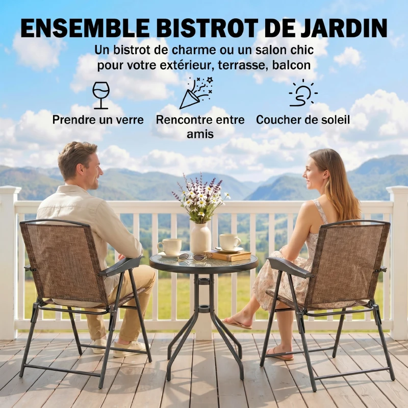 Outsunny Ensemble de Jardin 3 pièces 2 chaises inclinables Multi-Positions Pliables + Table Ronde Verre trempé métal