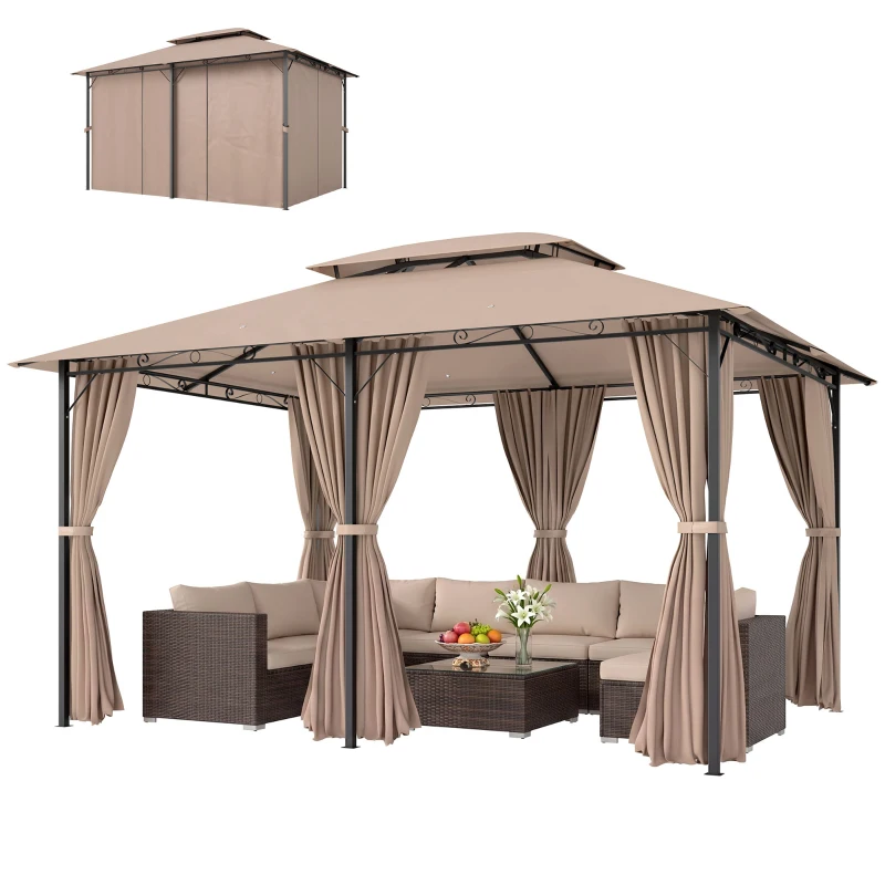 Outsunny Gazebo da Giardino 4x3m con Doppio Tetto e Tende Laterali in Acciaio e Poliestere, Color Cachi