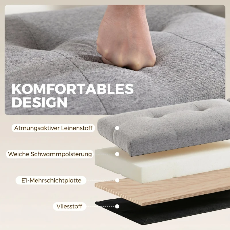 HOMCOM Sitztruhe aus Leinen, Bettbank mit 2 Fächern, klappbaren Deckeln und extra dicker Polsterung, 117 x 50 x 44 cm