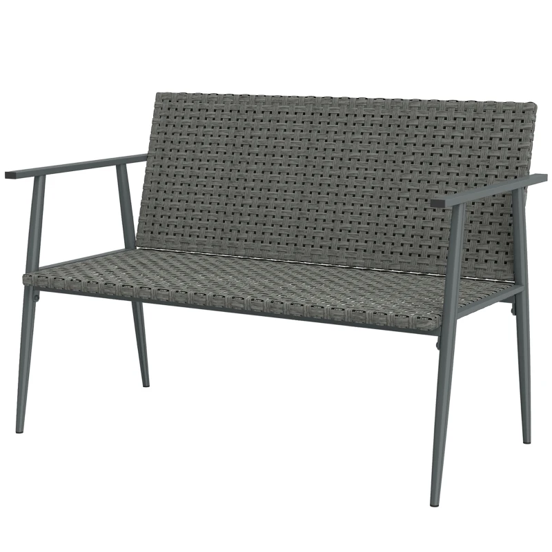 Outsunny Banc de Jardin 2 places en Résine Tressée et Acier, avec Accoudoirs, Dossiers et Pieds Réglables, 110x58x78cm, Gris