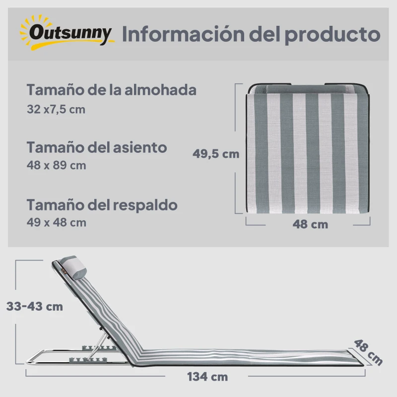 Outsunny Conjunto de 2 Esterillas con Respaldo Reclinable Reposacabezas y Bolsa de Transporte 134x48x33-43 cm Blanco y Gris
