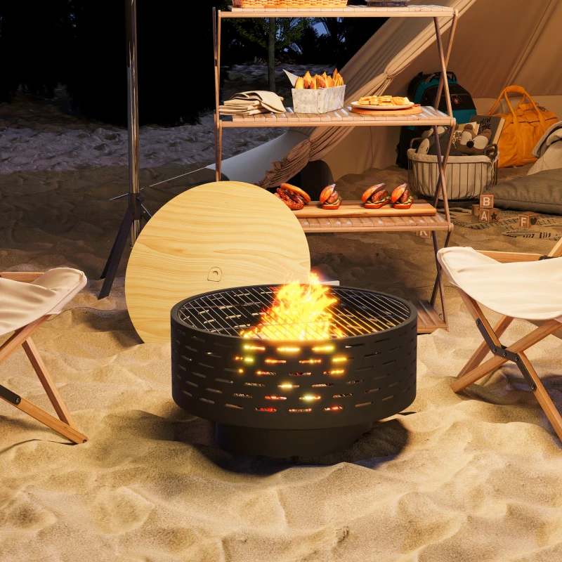 Outsunny 3-in-1 Feuerschale Ø60 x 39cm Feuerstelle mit Edelstahl-Grillrost Schürhaken Funkenschutz in Holzoptik Kohlegrau(m-10)