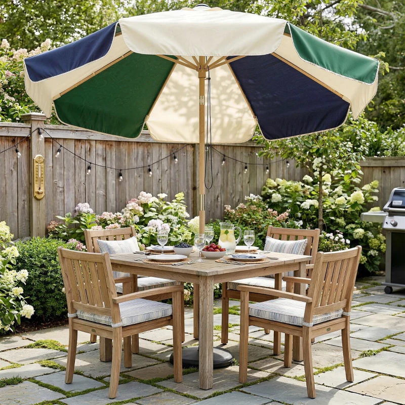 Outsunny Ombrellone da Giardino con Telaio Effetto Legno, Tettuccio a Blocchi di Colore con 8 Stecche, UV 30+