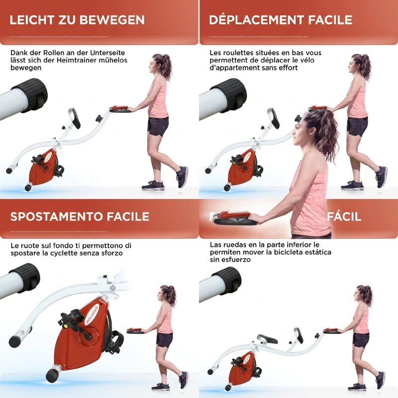 SPORTNOW Bicicletă Fitness Magnetică Pliabilă cu 8 Niveluri de Rezistență, Șa Reglabilă, din Oțel, 97x43x110 cm, Roșu(m-7)