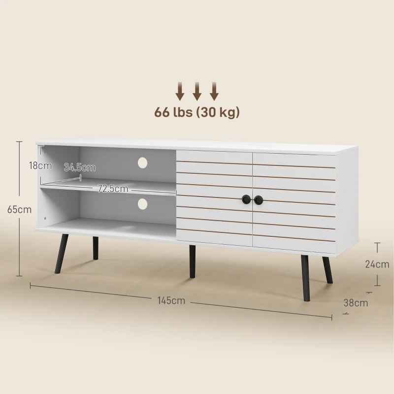 HOMCOM TV Stand with Cupboard, Open Shelves, Striped Doors, Wooden legs, White