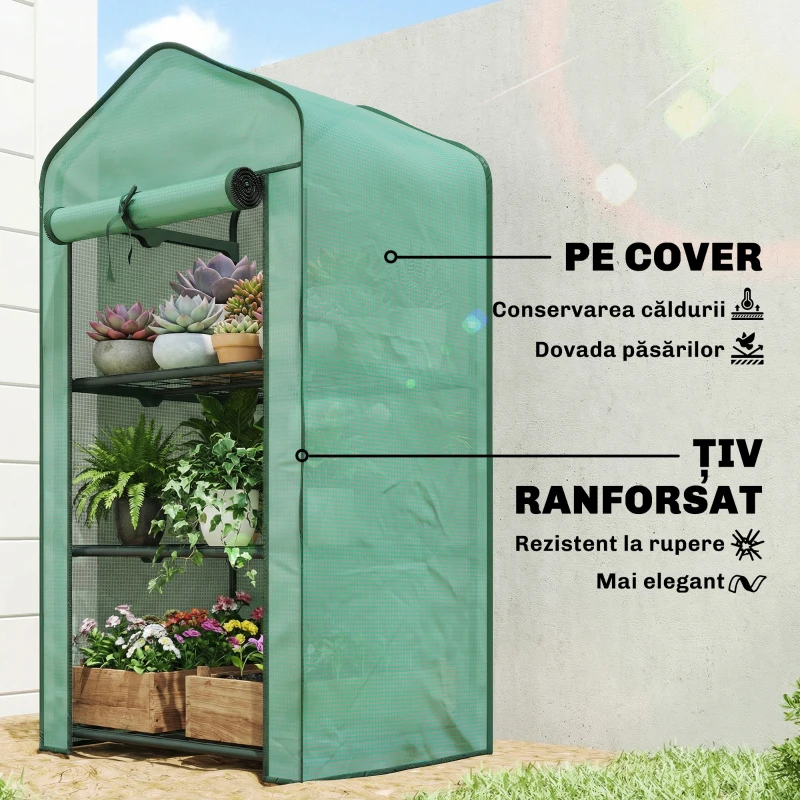Outsunny Mini seră de grădină cu husă din PE, 3 rafturi și ușă rulabilă, 59x39x127 cm, verde