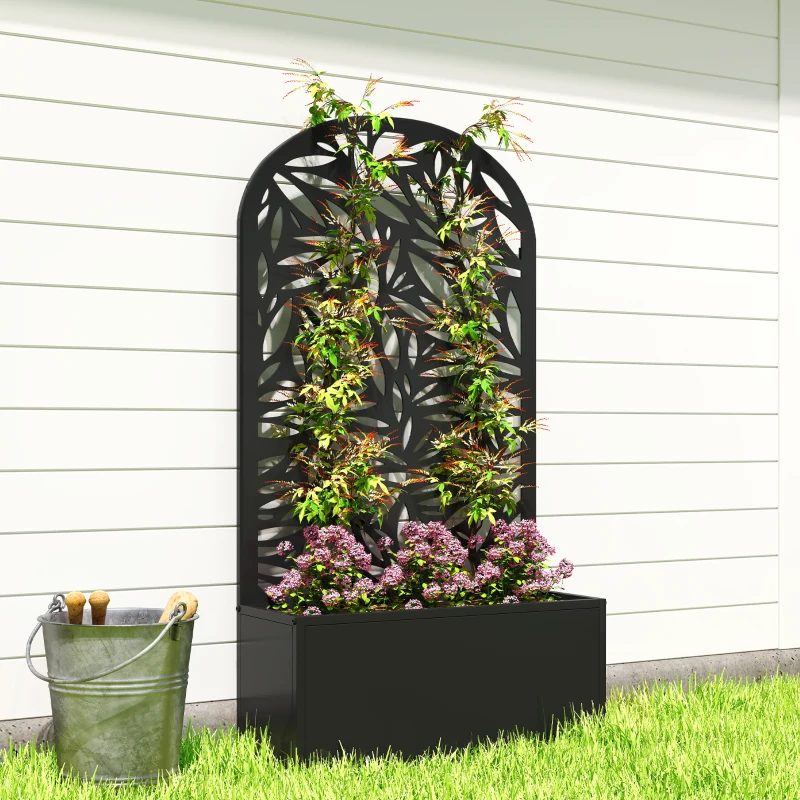 Outsunny Fioriera con Traliccio ad Arco per Rampicanti e Fori di Drenaggio, in Metallo, 61x23x113 cm, Nero