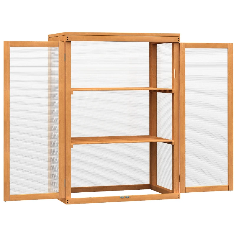 Outsunny 3-tier Cold Frame with Openable Top Cover and Double Doors, Garden Wooden Greenhouse with Storage Shelf, Polycarbonate Grow House for Plants, Flowers, Natural