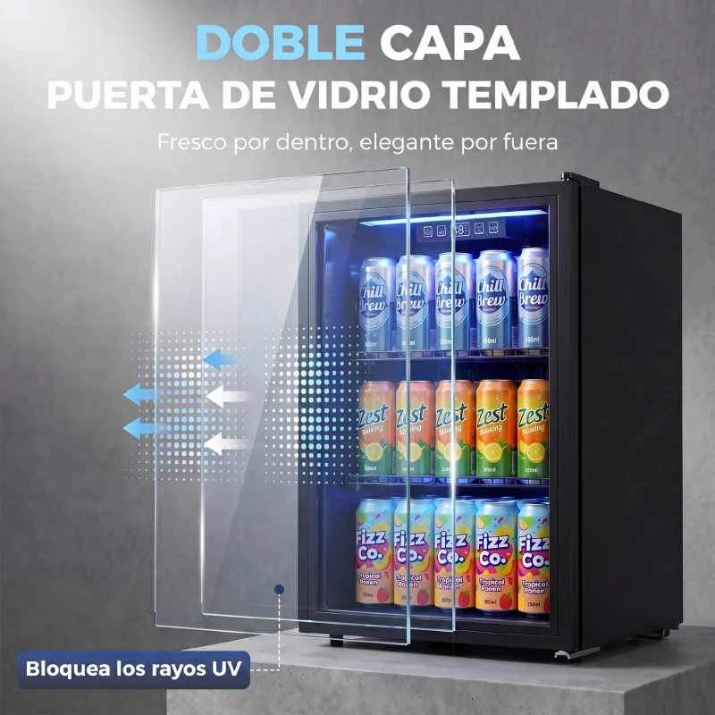 HOMCOM Frigorífico de Bebidas 70 L con Puerta de Vidrio Doble Iluminación LED 2 Estantes Ajustables para 70 Latas