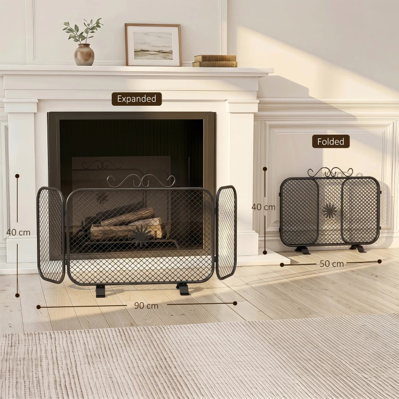 HOMCOM Parascintille Camino Pieghevole a 3 Pannelli in Metallo con Base Rimovibile, 90x16x40 cm, Nero