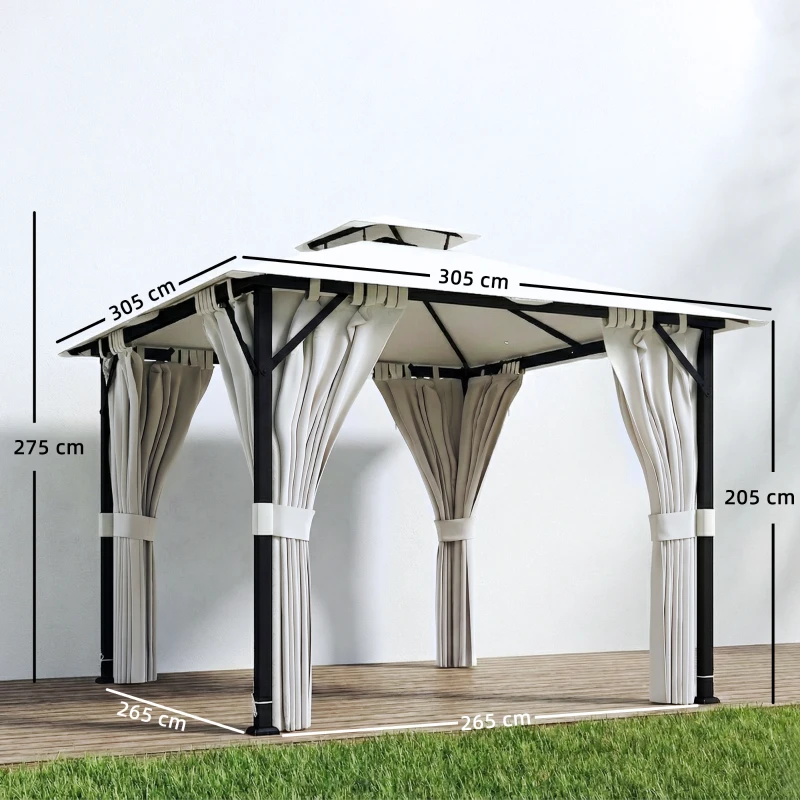 Outsunny Tonnelle de jardin extérieur 3x3m pavillon de jardin, toit double, rideaux, crochets de plafond, cadre en métal, crème