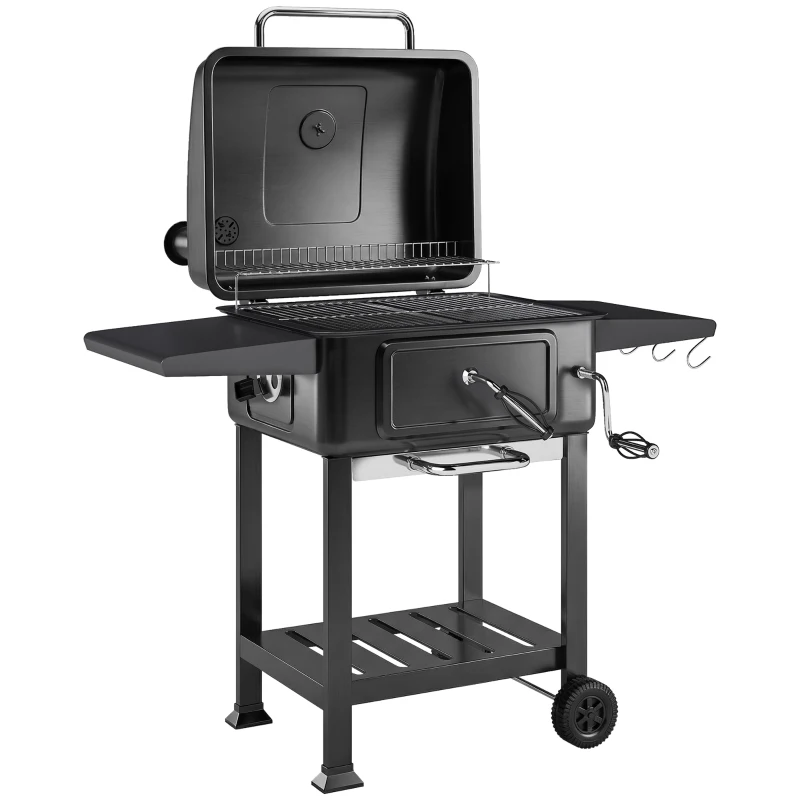 Outsunny Holzkohlegrill BBQ Smoker mit Deckel Thermometer höhenverstellbar Kohlepfanne Kamin Grillrost Seitentisch Aschefach
