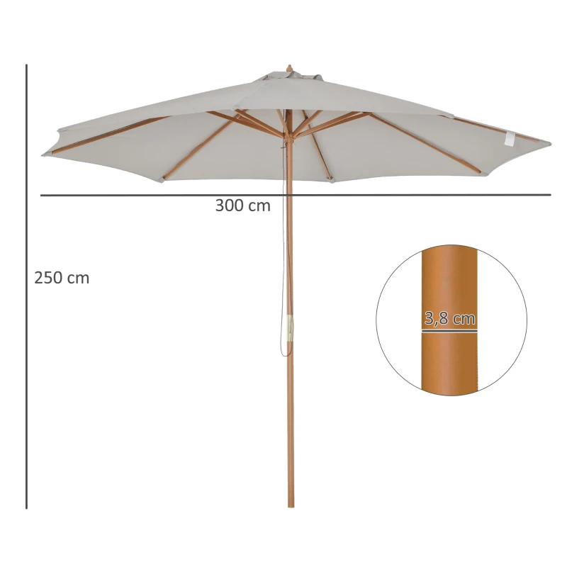 Outsunny Sombrilla Terraza Exterior Ø300 cm Sombrilla de Jardín con Sistema de Polea Techo Ventilado y Poste Desmontable de Madera Parasol para Patio Terraza Gris