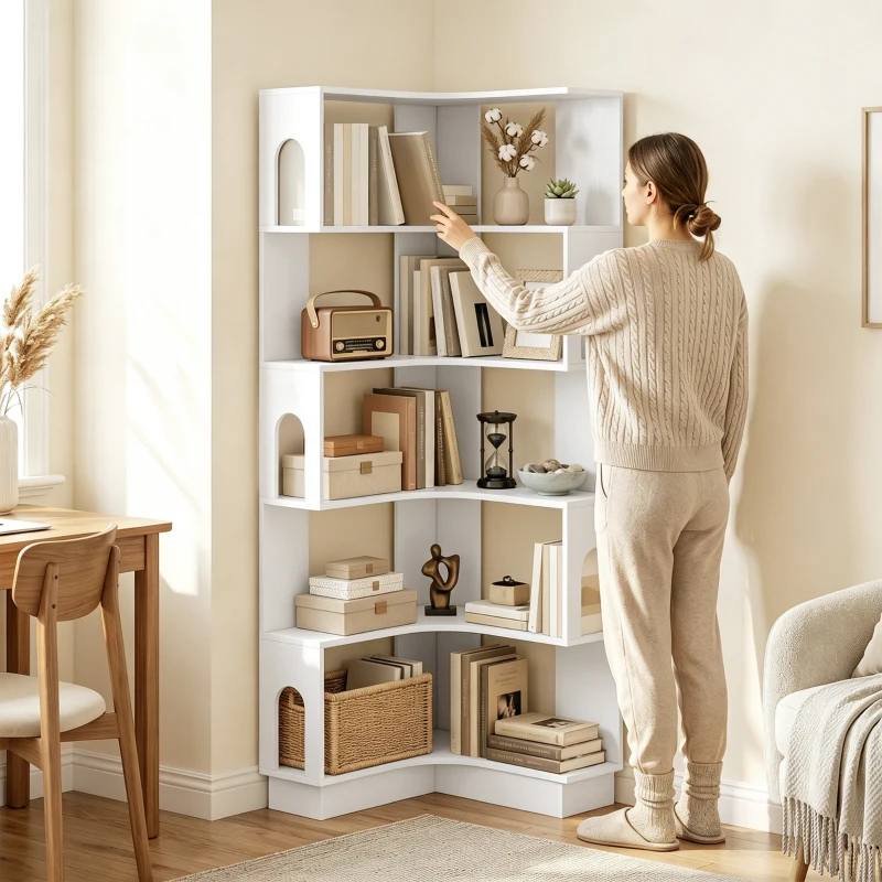 HOMCOM Bibliothèque d'angle, étagère de rangement à 6 niveaux avec panneaux latéraux arqués, 60 x 60 x 165,5 cm, blanc