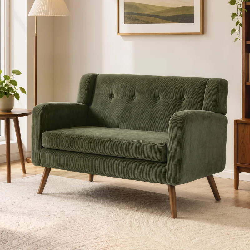 HOMCOM 2 Seater Sofa, 118 cm Corduroy Small Loveseat with Spring Cushion, Wood Legs for Small Space, Living Room, Dark Green