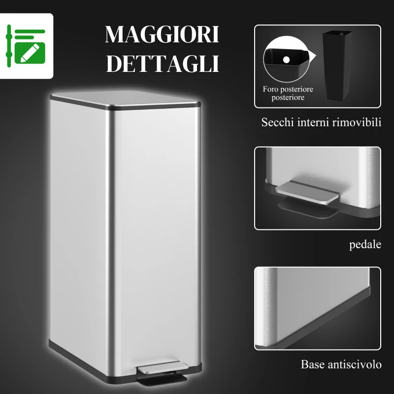 HOMCOM Cestino Spazzatura 20L con Chiusura Ammortizzata e Secchio Rimovibile, in Acciaio e PP, 21.5x37.2x57 cm, Argento