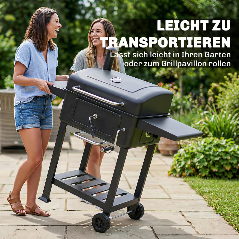 Outsunny Holzkohlegrill BBQ Smoker mit Deckel Thermometer höhenverstellbar Kohlepfanne Kamin Grillrost Seitentisch Aschefach