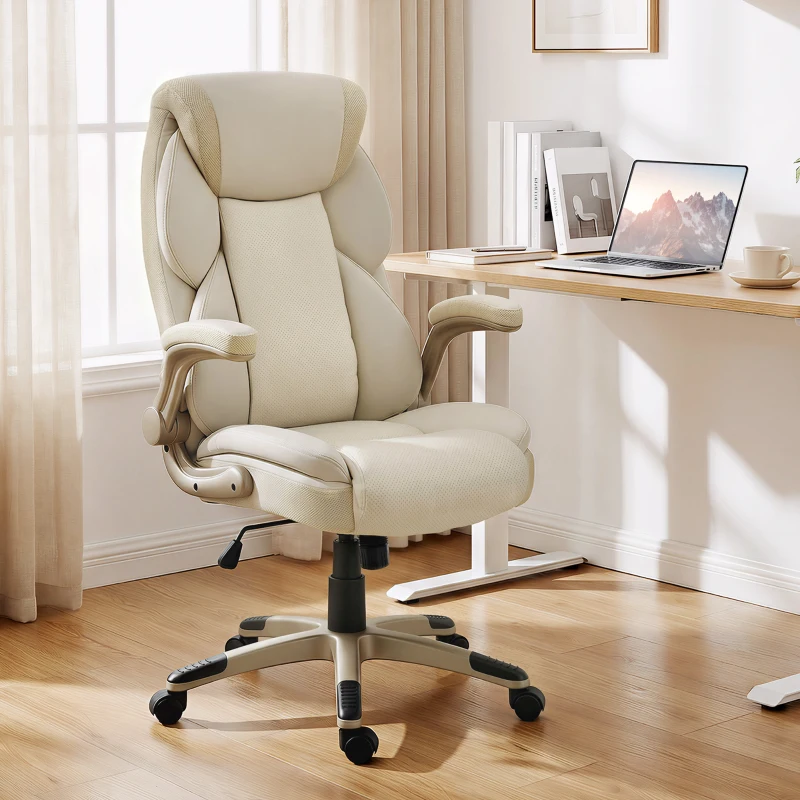 HOMCOM Silla de Oficina con Masaje Vibratorio de 4 Puntos Calor Lumbar Brazos Abatibles Respaldo Alto Altura Ajustable Crema