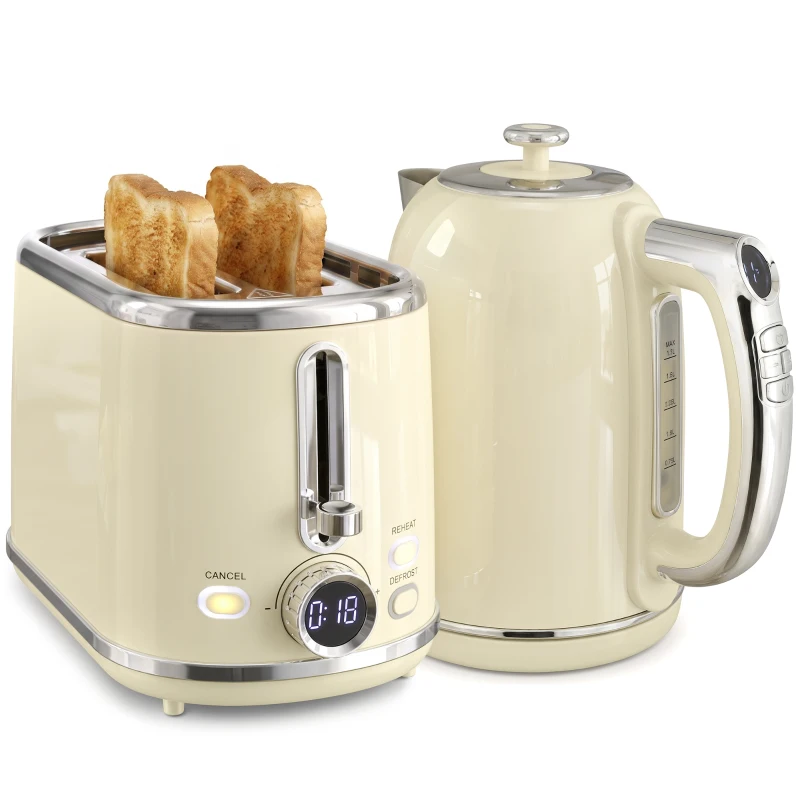 HOMCOM Set fierbător și prăjitor cu ecran LED, fierbător 1,7 L cu funcție menținere 3 ore, crem
