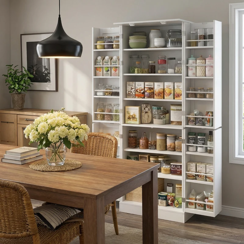 HOMCOM Armoire de cuisine buffet cuisine avec placards, étagère réglable et porte-épices, 60 x 35 x 166 cm, blanc(m-2)