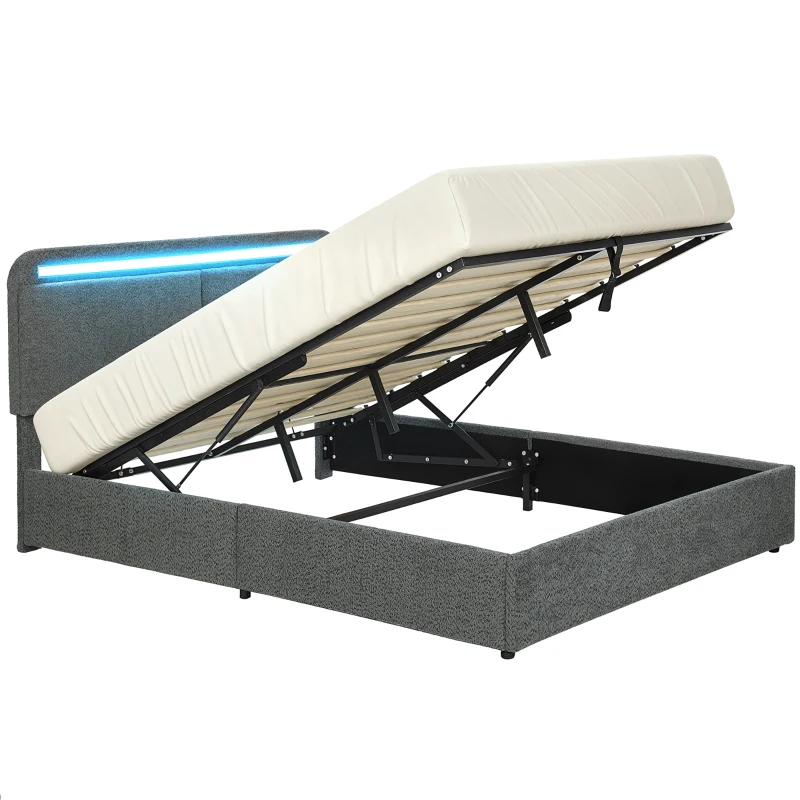 HOMCOM Lit coffre 140 x 190 cm avec éclairage LED, tête de lit réglable, cadre de lit double, sommier à lattes en bois, gris