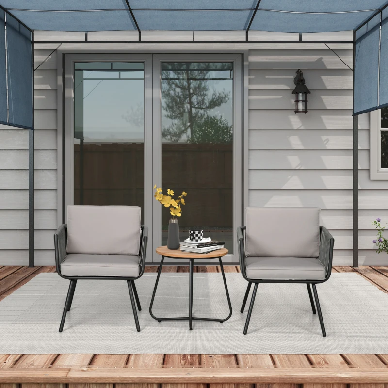 Outsunny Ensemble de jardin en résine tressée 3 pièces cadre en acier 2 fauteuils + table basse coussins inclus gris