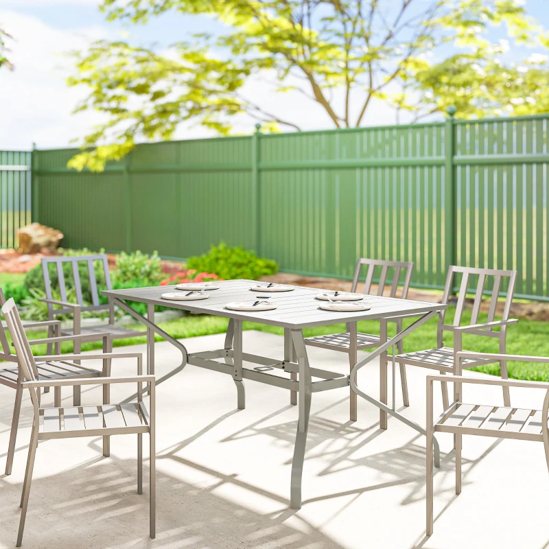Outsunny Rectangle Garden Table with Parasol Hole, Outdoor Dining Table for 6, Patio Table for Balcony, 150cm x 90cm, Light Grey