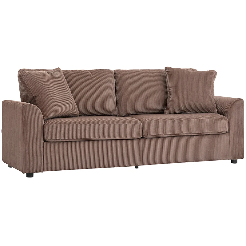 HOMCOM 3 Seater Sofa, 212cm Corduroy Couch with Spring Cushion, Wide and Deep Seat, Plush Backrest, 2 Pillows, Sofa Settee for Living Room, Home Office, Coffee