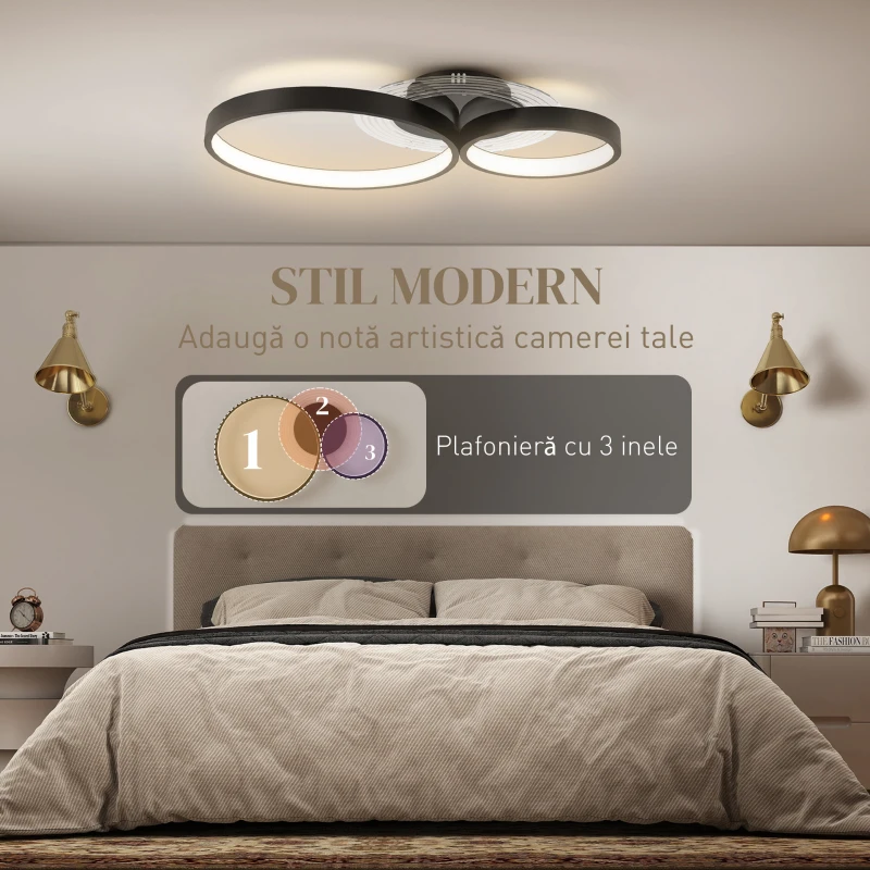 HOMCOM Plafonieră LED modernă cu 3 inele, cu temperatură de culoare reglabilă, putere 40W, negru
