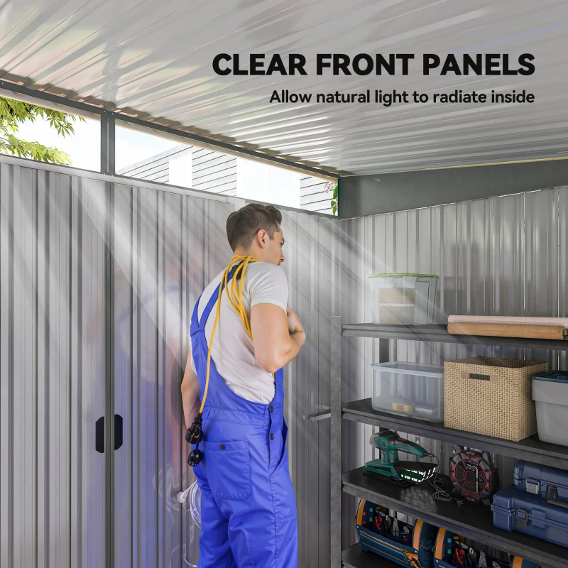 Outsunny 9ft x 6.5ft Garden Storage Shed with Top Window, Metal Outdoor Shed Tool House with Double Doors, Light Grey