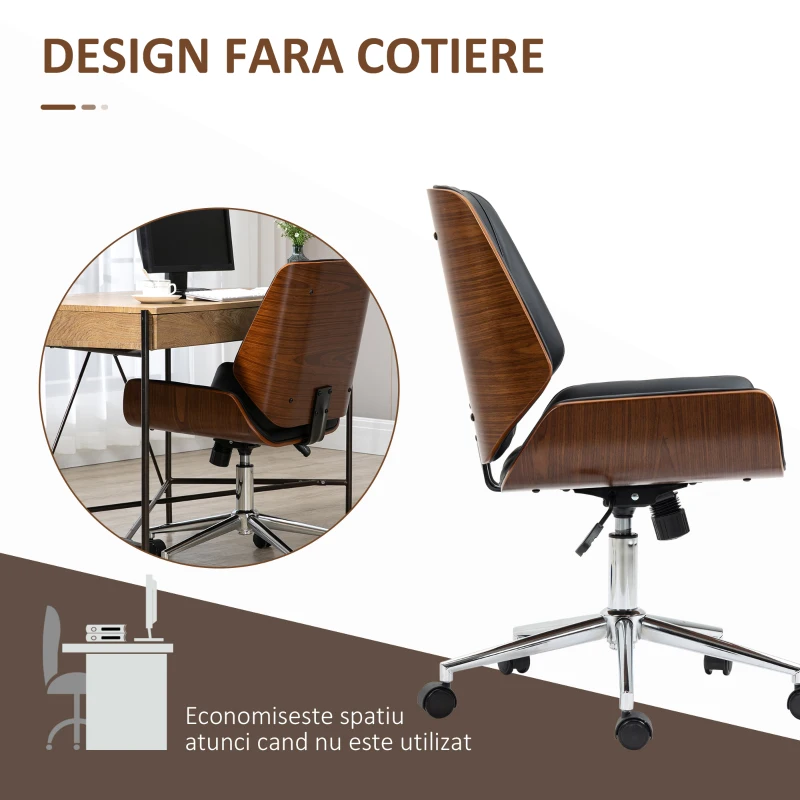 Vinsetto Scaun de Birou Vintage Tapițat, din Piele Ecologică, Lemn și Oțel, 53x60x86-96 cm, Negru și Maro Închis