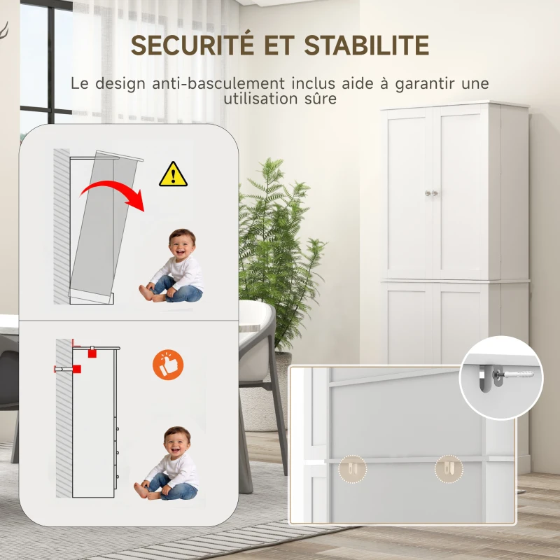 HOMCOM Armoire de cuisine buffet cuisine avec placards, étagère réglable et porte-épices, 60 x 35 x 166 cm, blanc(m-6)