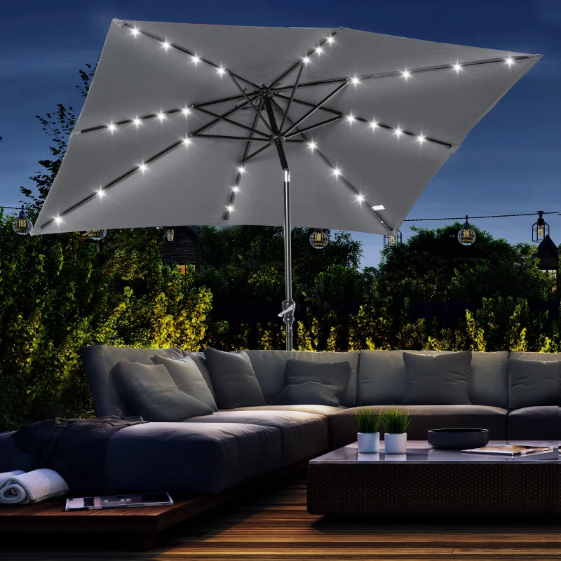 Outsunny Parasol de Terraza 2,7x2x2,5 m con Techo Inclinable hasta 45° Luces LED Solares e Impermeable Gris Oscuro