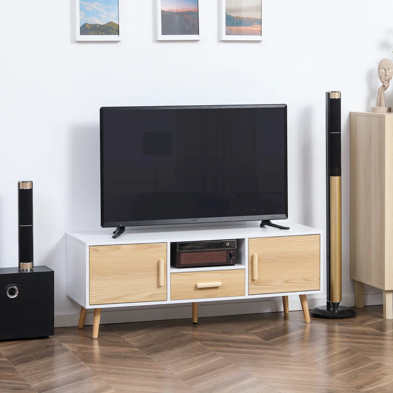 HOMCOM Meuble TV banc TV support TV pour télévision jusqu'à 46 pouces style scandinave avec 1 tiroir, 2 placards, 1 niche, 1 passe-câbles - 120 x 37 x 45,5 cm