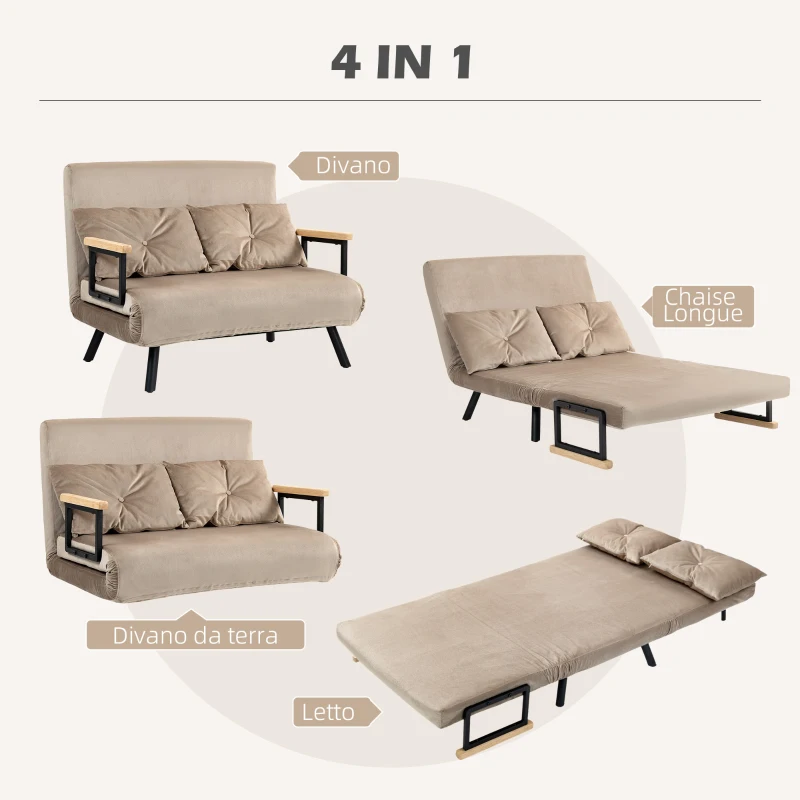 HOMCOM Divano Letto 3 in 1 in Tessuto Effetto Velluto con Schienale Regolabile e 2 Cuscini, 102x73x81 cm, Marrone Chiaro