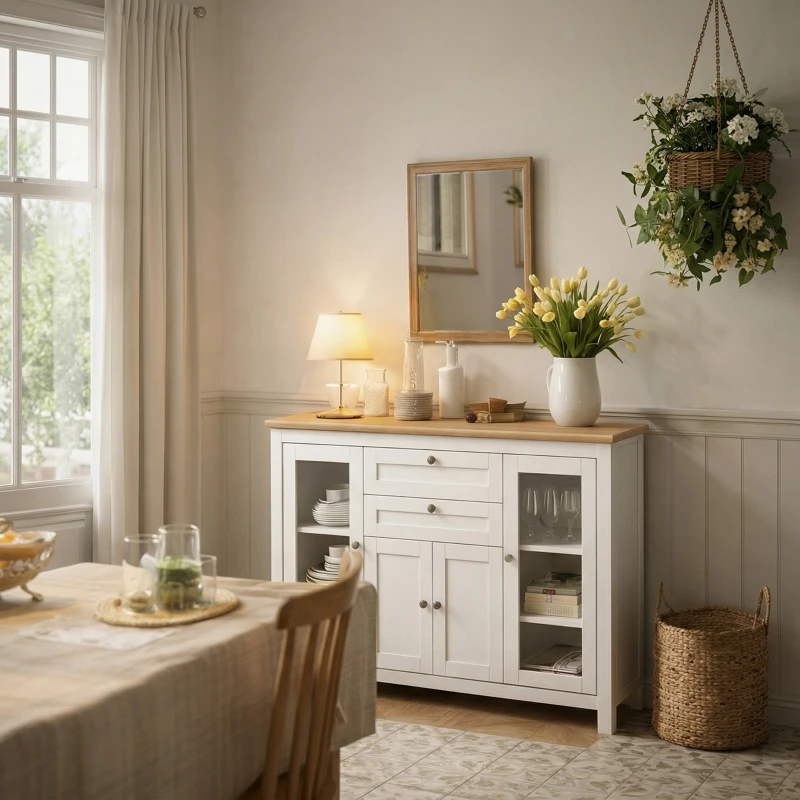 HOMCOM Buffet salon, meuble de rangement avec 1 placard double porte, 2 placards à porte vitrée, 2 tiroirs et étagère réglable, style moderne, buffet salle à manger et cuisine, 120x40x90cm, blanc(m-12)