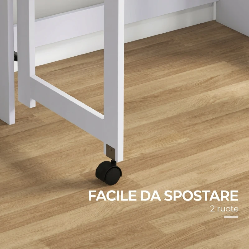 HOMCOM Scrivania Pieghevole con Libreria a 4 Ripiani, 2 Ruote e Foro Passacavi, 80x69x155 cm, Bianco