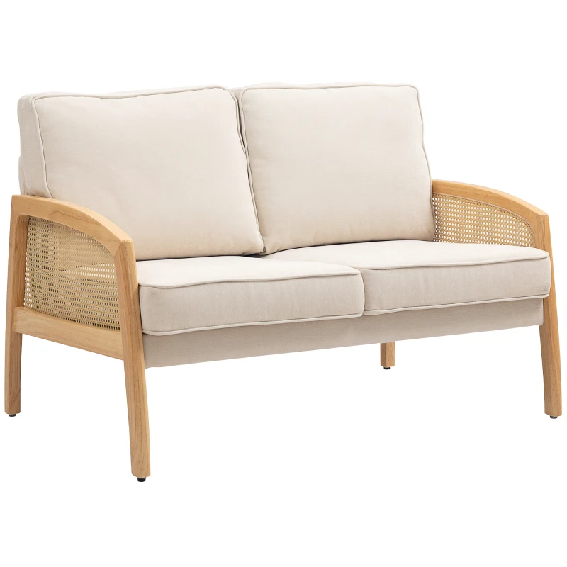 HOMCOM Sofá de 2 Plazas Tapizado en Chenilla con 2 Almohadas Lavables y Reposabrazos de Ratán Sintético 123x75x88 cm Beige