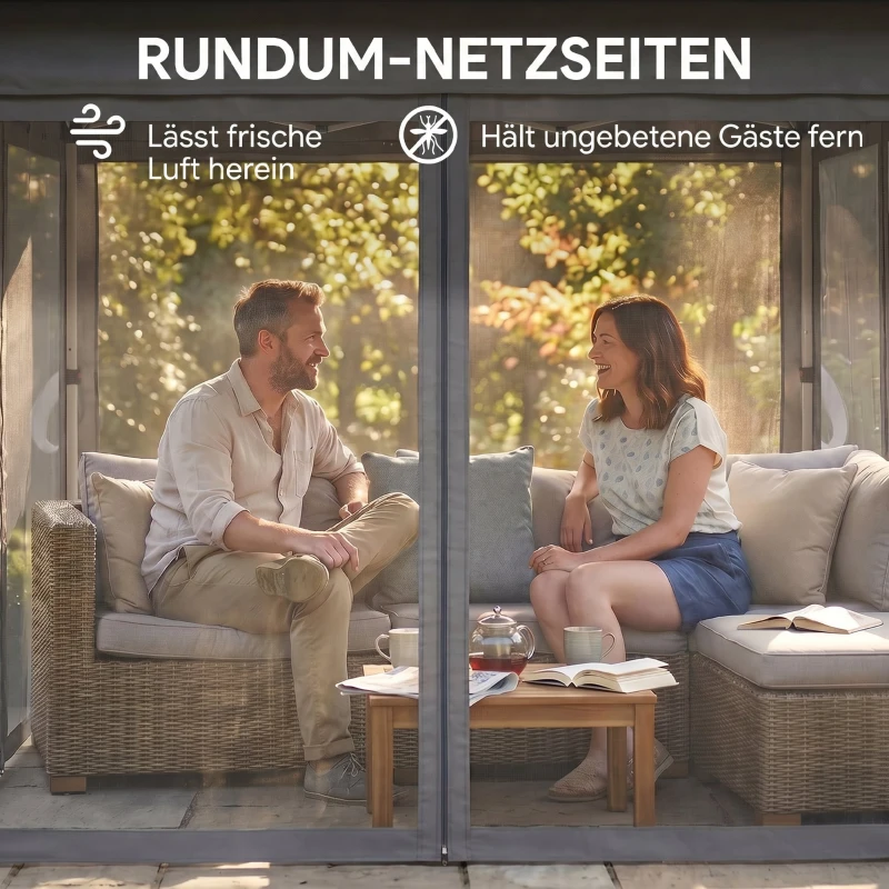 Outsunny Gartenzelt mit solarbetriebenen LED´s Gartenzelt mit Beleuchtung, 336 cm x 336 cmx 270 cm, Grau