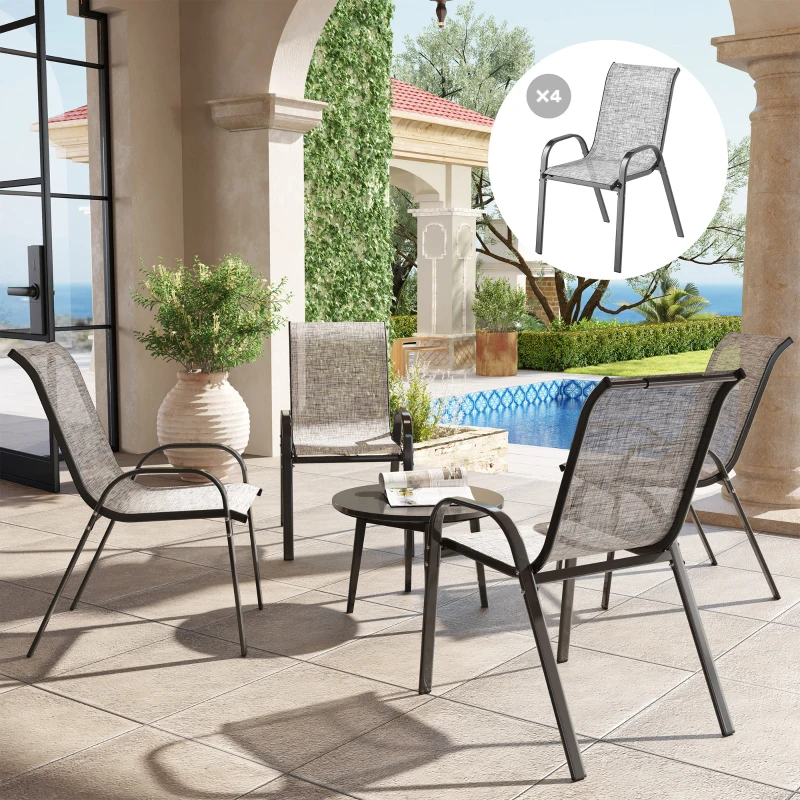 Outsunny Set 4 Sedie da Giardino Impilabili con Braccioli Curvi, in Acciaio e Tessuto Traspirante, 54x71x93 cm, Grigio