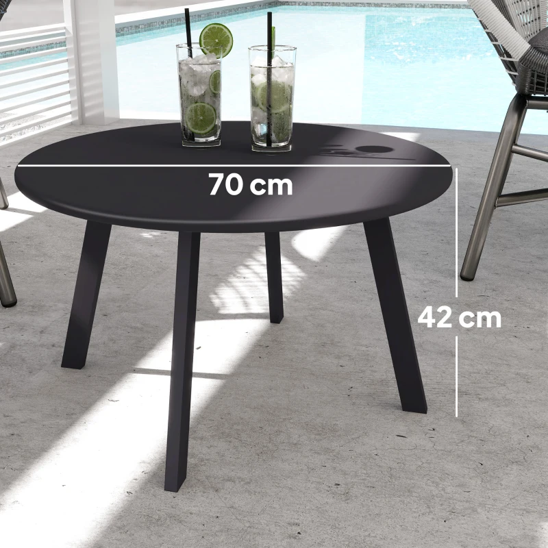 Outsunny 70cm Round Coffee Table, Outdoor Garden Table with Non-Slip Foot Pads and Metal Frame for Garden, Terrace, Balcony, Living Room, Charcoal Grey