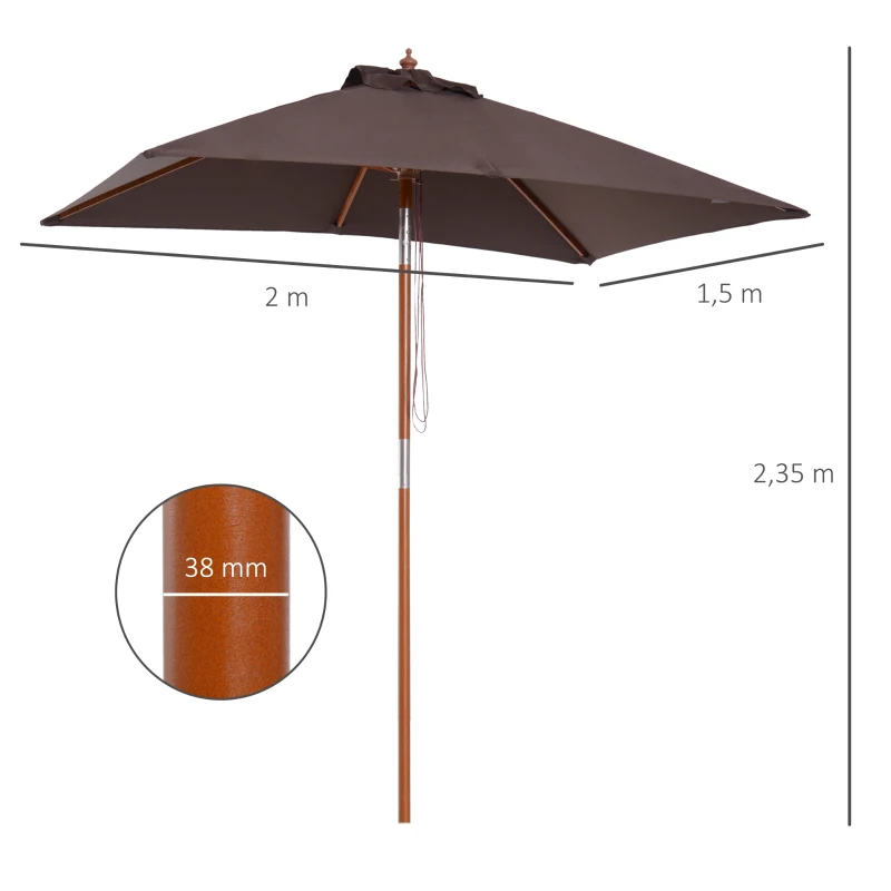 Outsunny Ombrellone Rettangolare Inclinabile 2x1.5 m con 6 Stecche e Apertura a Corda, in Bambù e Poliestere Caffè