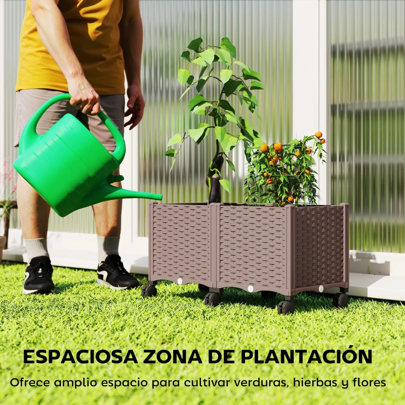 Outsunny Jardinera Elevada con 6 Ruedas Riego Automático y Drenaje Macetero Exterior para Jardín 80x40x43 cm Marrón