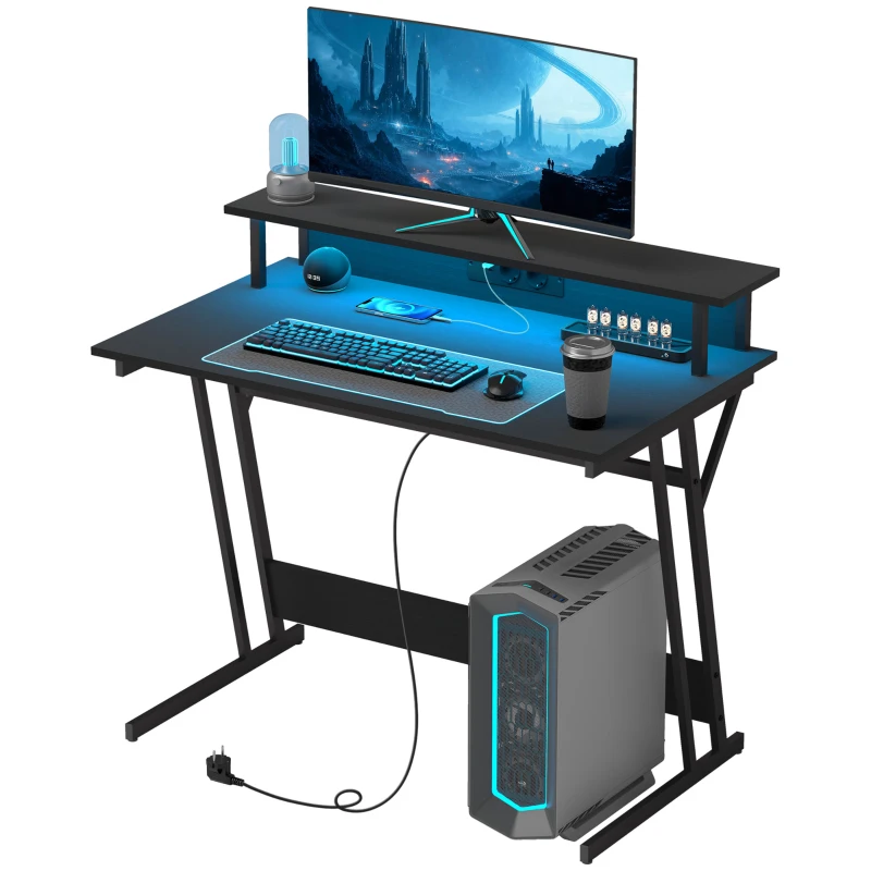 HOMCOM Escritorio Gaming con Luces LED 100x60 cm omas de Corriente Soporte para Monitor Estantes y Control Remoto Negro