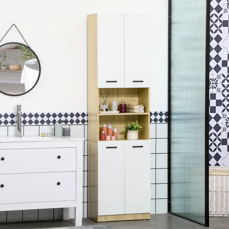 kleankin Armario Alto de Baño con 4 Puertas 2 Estantes Abiertos y Estantes Ajustables 53x33,5x195,7 cm Blanco y Roble